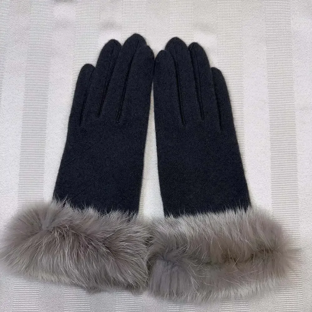 Dillards One Cashmere Wool Blend Knit Gloves Rabbit Fur Trim OS Gray NWOT